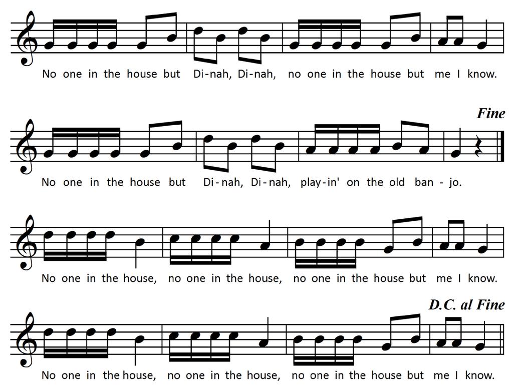 Lesson 36 Part 2 Dinah Instructions: 1) Take a look at the music below. Can you find the D. C. al fine? This means to go back to the beginning and play again until you reach the Fine.