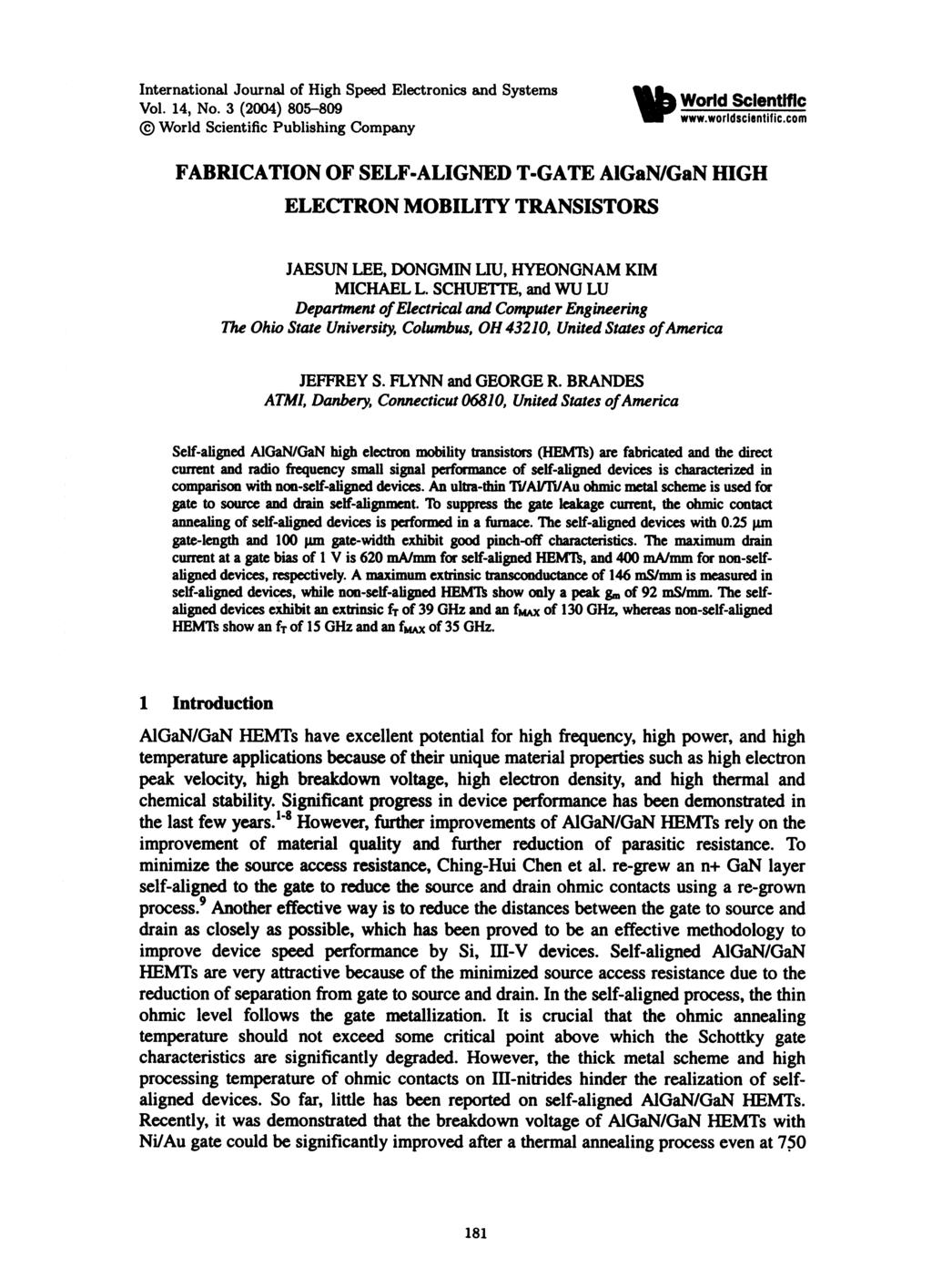 International Journal of High Speed Electronics and Systems World Scientific Vol. 14, No. 3 (24) 85-89 wworldscientific World Scientific Publishing Company www.worldsclentific.
