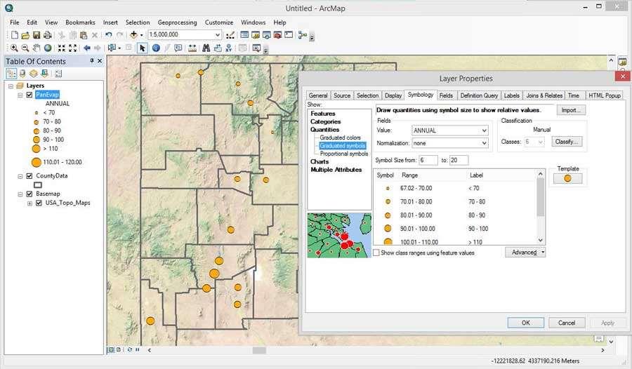 New Mexico Pan Evaporation CE 547 Assignment 2 Writeup Tom Heller Inserting data, symbols, and labels After beginning a new map, naming it and editing the metadata, importing the PanEvap and