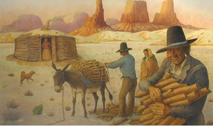 We look at the next painting. I ask, What is behind the woman? Grandpa tells me it is a town. Many Native Americans lived in small towns called pueblos.