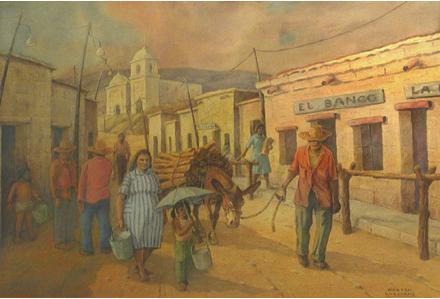 The next painting shows an old town. The people in it look like me. They are Hispanic. That means they are from Spain or Latin America. Grandpa says Hispanic people came here long ago.
