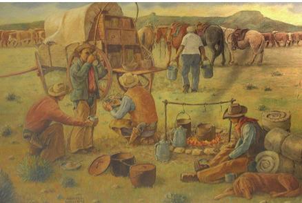 We see a painting of cowboys. Cowboys moved cattle across the Southwest. The cattle were moved across different kinds of land. Some were flat areas with a lot of grass.