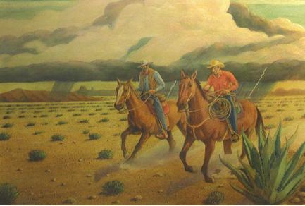 The cook made dinner over a fire. Heading in, by Norton Williams wagon cowboys cattle Another painting shows the cowboys on horses. There is nothing around them. There are no towns.