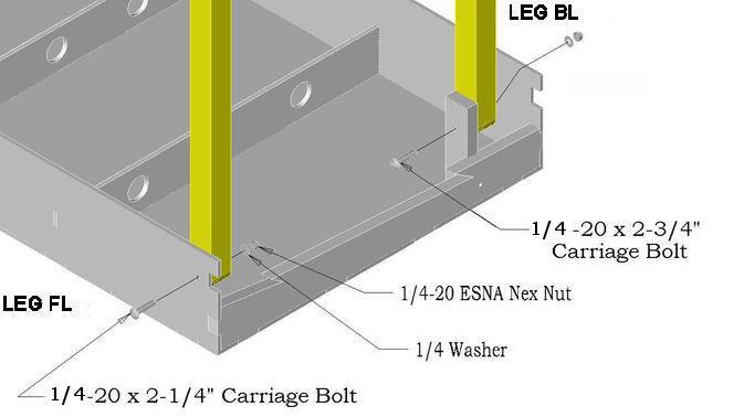 Attach LH Legs - Locate Legs labeled FL(front left) & BL(back left) and the hardware shown. Install them as shown below.