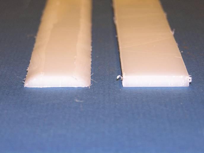 Cut two pieces of plastic that are the length measured on page 27 and sand the edges down as shown to the left.