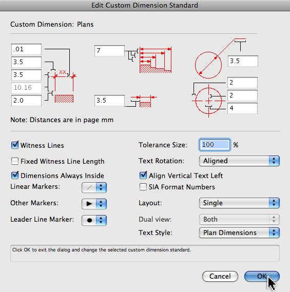 Click on the OK button to return to the Custom Dimensions dialog box.