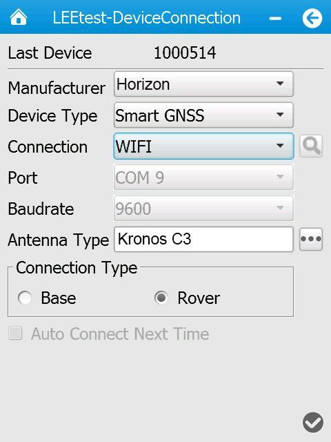2. Getting started Base or Rover as Connection Type according to the your needs tap in the lower right corner to connect the software with the receiver via Wi-Fi. 2.7.2. CONNECTING VIA BLUETOOTH WITH K-COM SOFTWARE 1.
