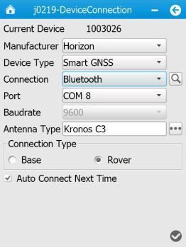 Kronos C3 for Antenna Type field select Base or Rover as Connection Type according to the your needs tap in