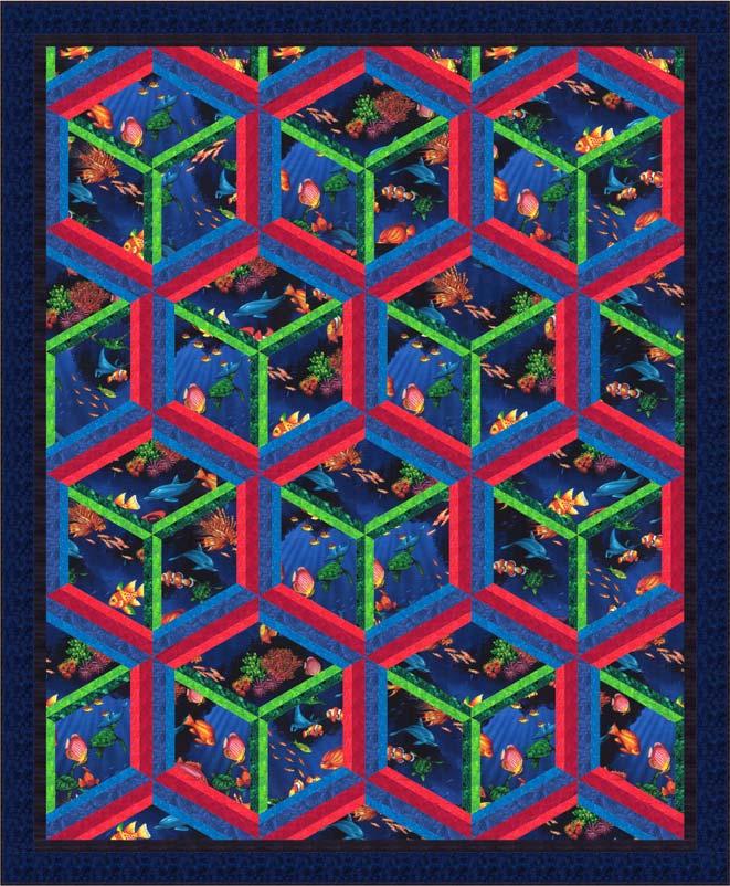 Into The Blue Hoffman California Fabrics Coming At You 3D Collection Finished Quilt Size: 59 x 72 2011 Copyright All Rights Reserved Design and Instruction by Larene Smith The Quilted Button, Mission