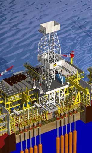 High Flexibility in Drilling Facilities Design Fixed drilling rig dissociated from other topsides functions (LQ, utilities and process) Drilling operations derived from those of deep offshore