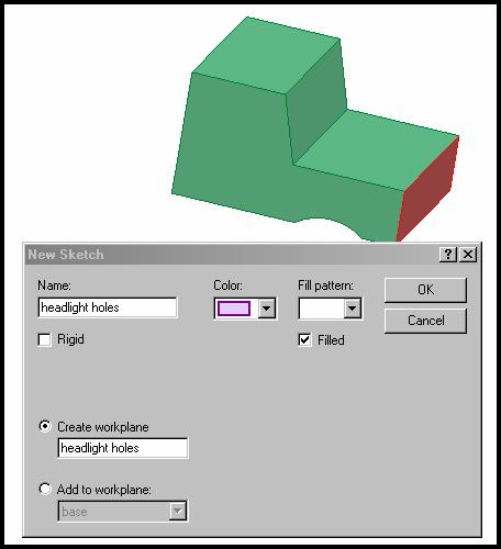holes and click the OK box to create the sketch. Figure 30 shows the dialog box with the selected face in the background. Figure 30. New Sketch dialog box for the headlight face.