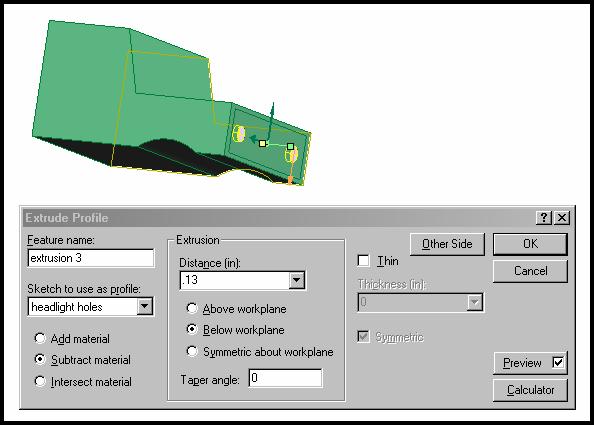 35. Once the profile of both headlight holes are filled, select the Extrude Profile.