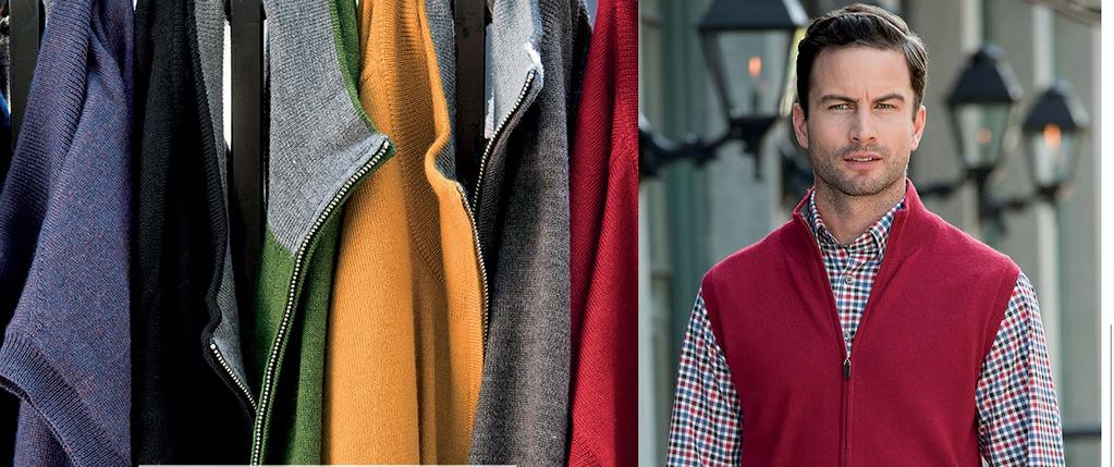 A VEST FOR EVERY SHIRT Lightweight New Zealand Merino wool vests are perfect for an early fall event and come in seven colors.
