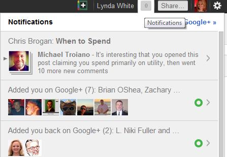 How do I listen to people on G+? How do you know when someone has responded to one of your posts or comments? On the top right hand side of the screen, by your profile name, you ll see a number.