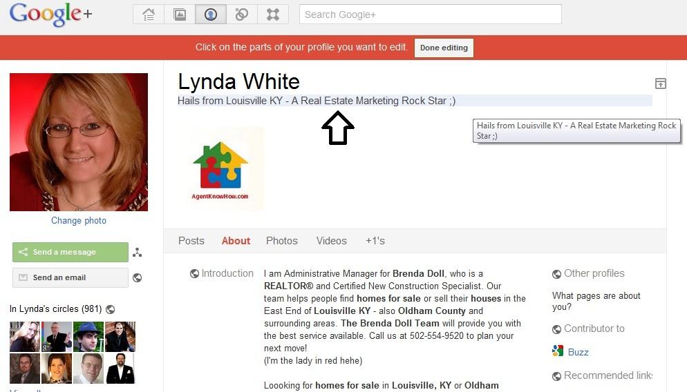 Filling out your G+ profile! Once you see the red bar at the top, you can edit your profile. First, click under your name (arrow pointing up towards it in this guide).