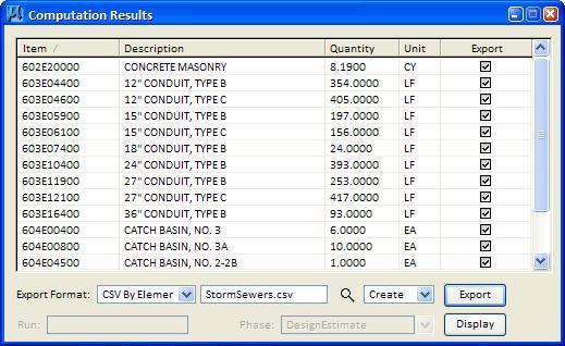 The Computation Results dialog contains a summary of the tabulated quantities. You can selectively export these values to toggling on/off the Export option.