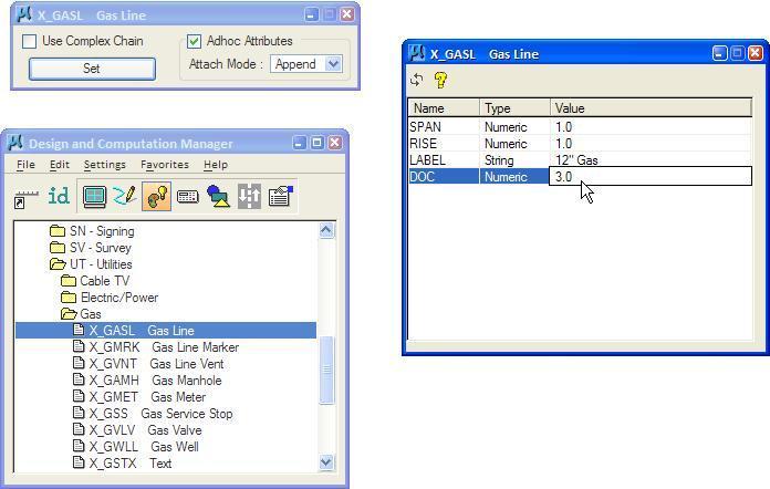The DOC adhoc can be assigned to previously drawn utility lines using Set mode as shown below.