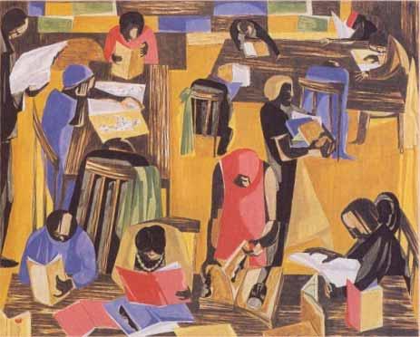 How has Jacob Lawrence unified the negative areas of this painting? Jacob Lawrence (b. 1917). The Library, 1960. Tempera on fiberboard, 24" x 29 %s" (60.