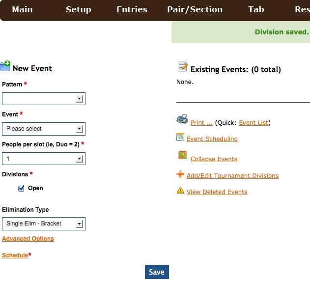 New events are saved on the left and existing events are listed on the right hand side: The first time you access this page EverythingTab will ask you to save the divisions you will be offering of