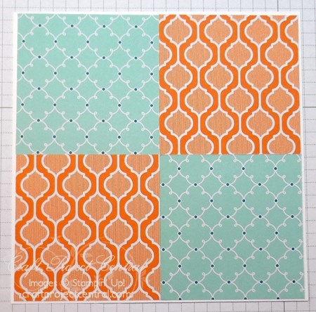 Step 1 Cut two 5-3/4 x 5-3/4 pieces of Whisper White card stock, two 5-5/8 x 5-5/8 pieces of Quatrefancy DSP (Pool Party/Pumpkin Pie paper), two 4 x 3-3/4 pieces