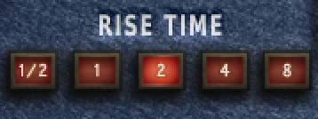 RISE TIME Buttons The RISE TIME buttons control the time (in bars) from the time a key is triggered to the peak point (end) of the rise.