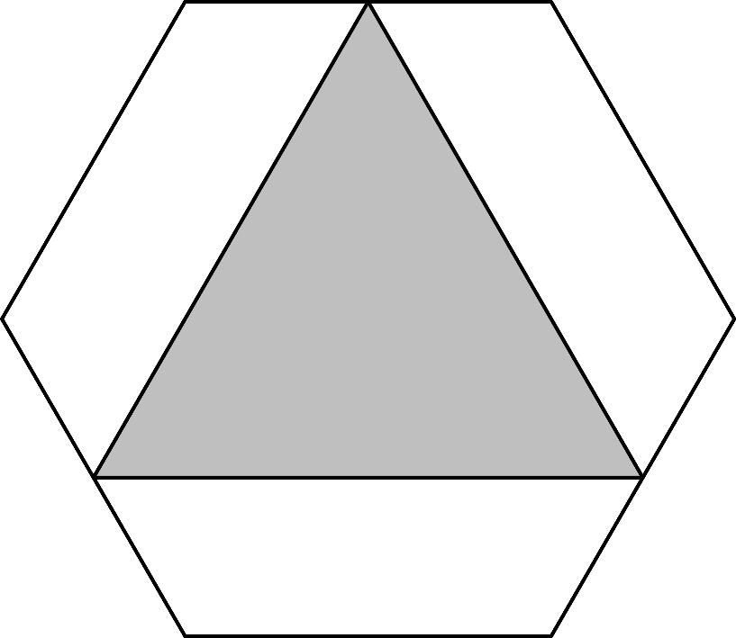Junior, 4 point problems 1692. In the diagram, the shaded triangle connects the midpoints of three sides of a regular hexagon. What fraction of the hexagon is shaded?