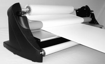 Standing in back of the laminator, lift up the laminate off the bottom roller and pull the laminate smooth and taught against the top roller.