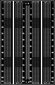 Likewise holes f through k in a given row are electrically connected to each other, but electrically isolated from row 1 holes a through e. The board shown is actually two boards side by side.