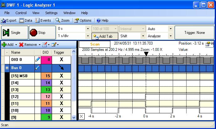 Page 9/10 Digilent Analog Discovery (DAD) Tutorial 6-Aug-15 Logic Analyzer The Logic Analyzer has 16 signals for recording and analyzing digital patterns.