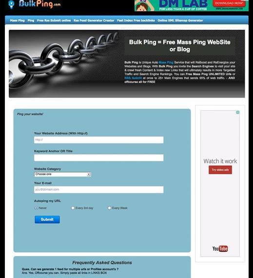 The next thing to do is go to bulkping.com and submit your site to both the mass ping and fast index backlink sections. Then go to submitexpress.com and submit your video there.