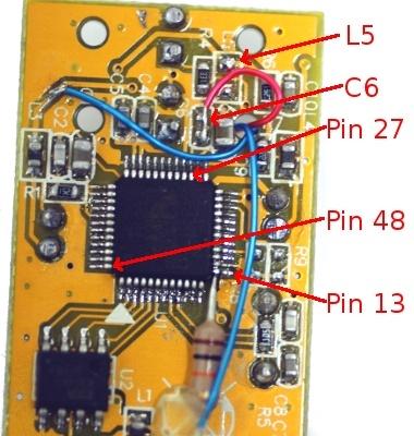 After verifying that L5 is directly connected to C6 and that C6 is connected to pin 26, remove L5 by gently heating one side up and then the other and pushing it aside with the iron.