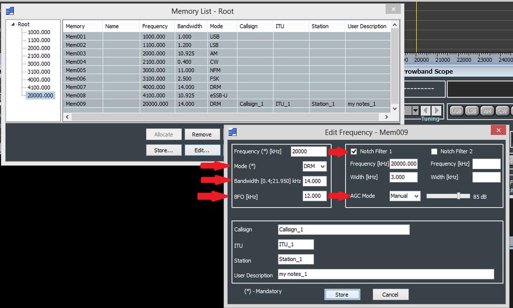 Editing the fields to modify and clicking Store button on Edit Frequency window updates memory settings and cells on Memory List window (see Figure 137) Figure 137 Updated memory settings and cells.
