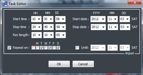 This opens the Task Editor window (Figure 151), which allows to specify dates and times for start and stop of the recording and to set possible repetitions (see par. 4.4.2 for examples).