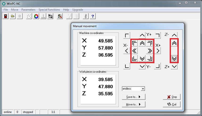 Move the cursor over the arrow keys and move the machine carefully into the middle of the workspace: Double arrows = manual drive fast (X / Y axis at 30 mm / s, Z axis at 25 mm / s) Simple arrows =