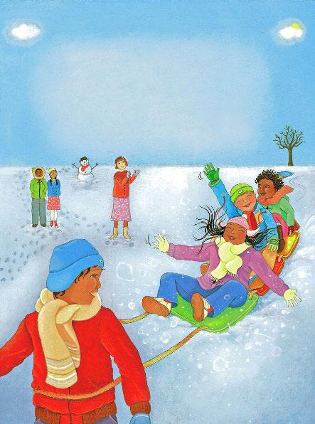 14 Cezar put his TrayBoggan down on the snow in the playground. He invited a few classmates to sit on it. Then Cezar began pulling them. The TrayBoggan glided over the snow. It worked like a charm!