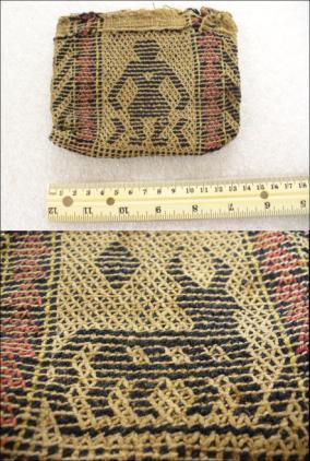 The weaving on this bag is a little intricate. Although it is alternate pair twining, it appears that there are four warps engaging with a set of wefts.