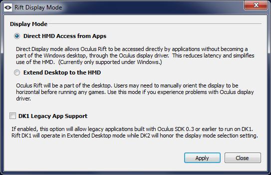 Figure 1: Rift Display Mode dialog 3.1 Rift Display Mode dialog Figure 1 shows the Rift Display Mode dialog. This has two main settings: Direct HMD Access from Apps This is the recommended mode.