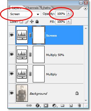 Duplicating the Levels adjustment layer once again and renaming it to "Screen". The two previous adjustment layers have also been renamed.