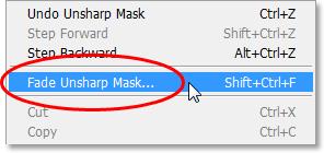 Go to Edit > Fade Unsharp Mask.