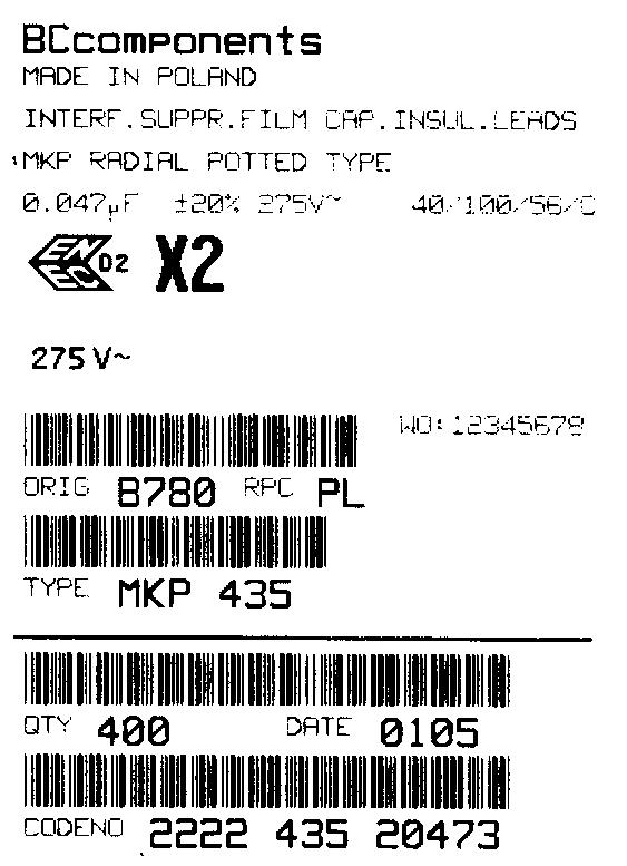 Package marking The package containing the capacitors is marked as shown (see Fig.14). Barcode label marking Fig.