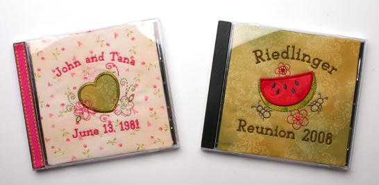 pieces of backing. Embroider design. Remove from hoop. Trim backing close to design. 3. Cut two pieces of cardstock 1 /4" smaller then CD case cover. (Use CD insert for pattern.) 4.