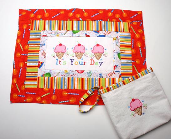Birthday Placemat & Treat Bag 1 /4 yard fabric Color 1 (white) 1 /8 yard fabric Color 2 (balloons) 1 /8 yard fabric Color 3 (stripes) 1 /2 yard fabric Color 4 (candles) Fabric Scraps for applique