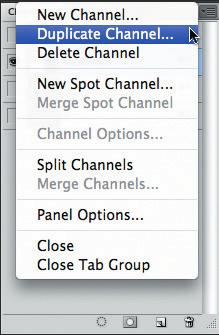 FIGURE 2: Open the Channels palette menu to access the Duplicate Channel command. In the resulting dialog box, select initial building.jpg from the Document pop-up menu in the Destination box.