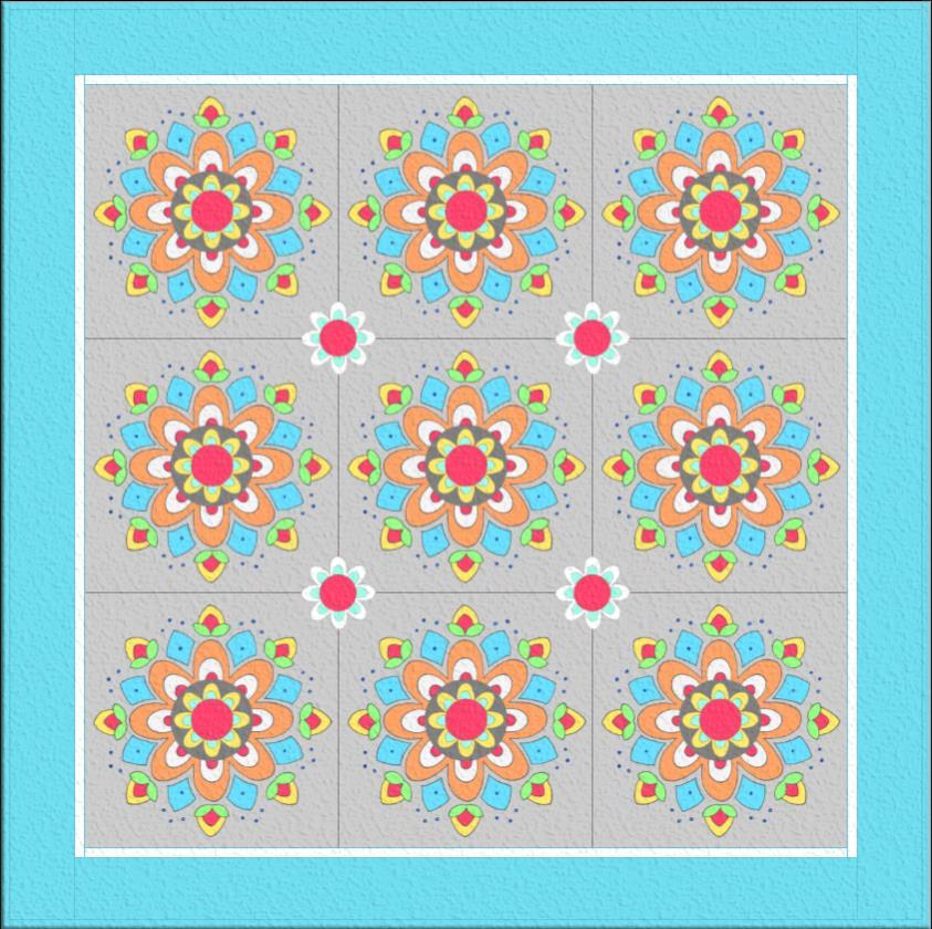 10. Sew the (5) 6 1/2in aqua-on-aqua print strips together end to end using diagonal seams. Trim the seams to 1/4in and press them open. 11.
