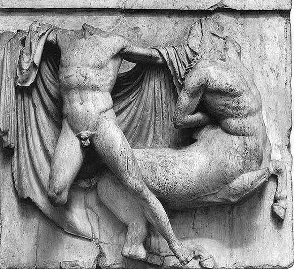 Sculpture: Relief Parthenon Metope: Centaur Fighting Lapith, ca. 447-432 BCE.