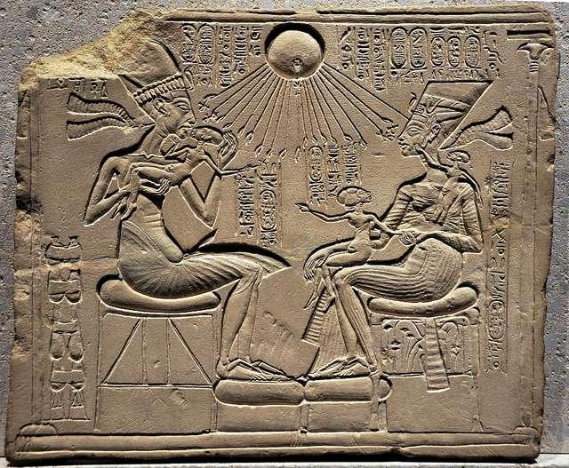 Sculpture: Relief Akhenaten, His Wife Nefertiti, and their three Daughters, 1353-1336 BCE.