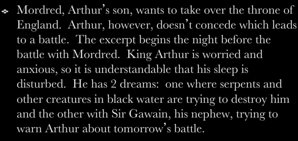 The excerpt begins the night before the battle with Mordred.