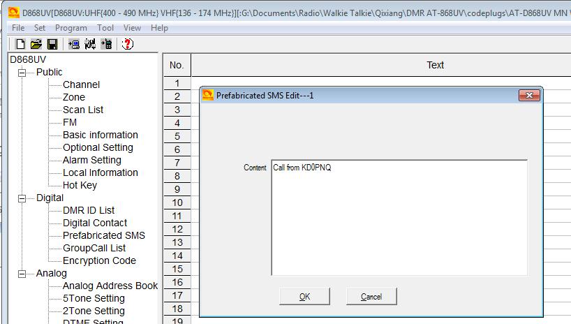 Open the Prefabricated SMS window, and click on the first line to open the Prefabricated SMS Edit window. Here you can program SMS messages and store in the radio see below.