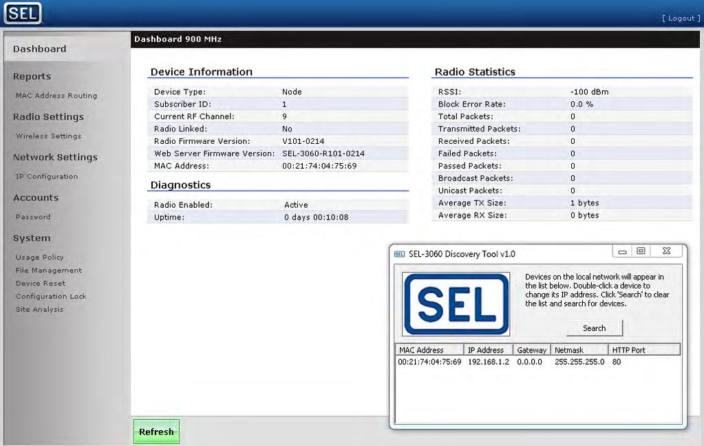 4 Configuration SEL-3060 Discovery Tool Figure 7 Device Webpage and SEL-3060 Discovery Tool Window SEL offers a Window-based IP finder utility to easily find SEL-3060 radios and set their IP address.