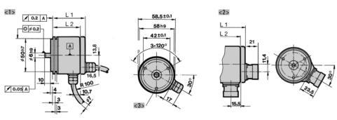 DIMENSIONED DRAWINGS Synchro flange, 58 mm <1> Connection cable, axial/radial <2> M23, 12 pole, axial/ radial <3> mounting thread M4x5 Cable